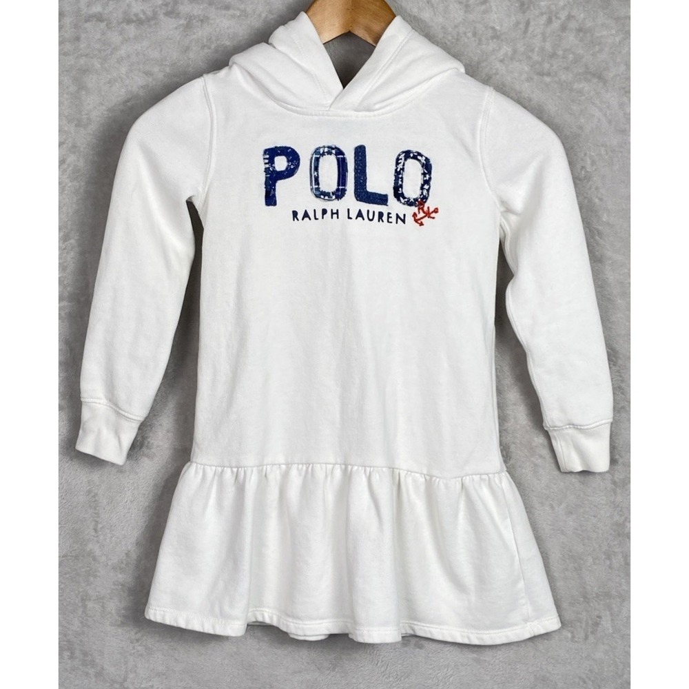 Polo‎ Ralph Lauren Girls Hoodie Dress White Quilted Logo Sz 6 Hooded Long Sleeve